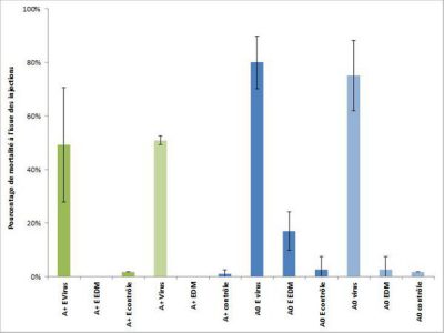 Graphique 5 : Pourcentage de mortalité des huîtres traitées et témoin à l’issue des injections (Virus : injection de virus ; EDM : injection eau de mer ; Contrôle : pas d’injection, A+ : huîtres alimentées à satiété ; A0 : huîtres non alimentées ; E : huîtres ayant subi l’électrolyse), 2016