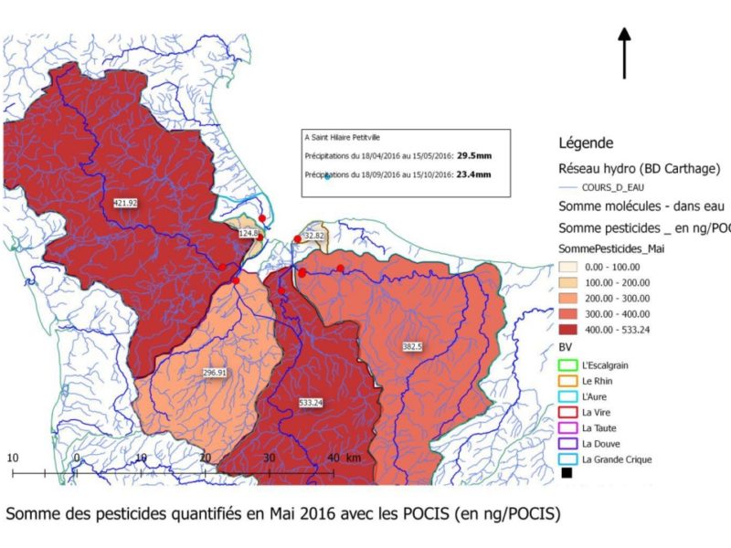 Cartographie de la somme des pesticides quantifiés dans les rivières de la baie des Veys